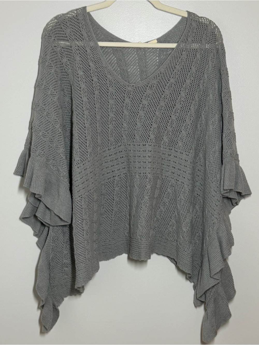 MOTH Anthropologie Gray Open Knit Poncho Sweater Bell Sleeve S/M